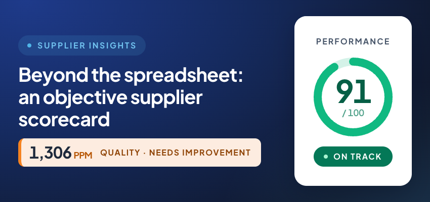 eSP supplier performance scorecard thumbnail: a 91 out of 100 Performance Score in the On Track tier, with Quality flagged at 1,306 PPM defects.